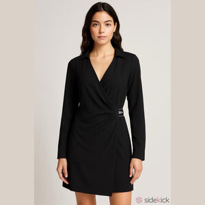 DKNY Black Wrap DresFront Long Sleeve Top Logo Waist Band NEW w Tags Size US 10